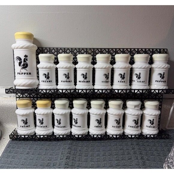 Vintage Hazel Atlas 17 pc Milk Glass Black Rooster Design Spices Shaker Set w/ B - Picture 2 of 13
